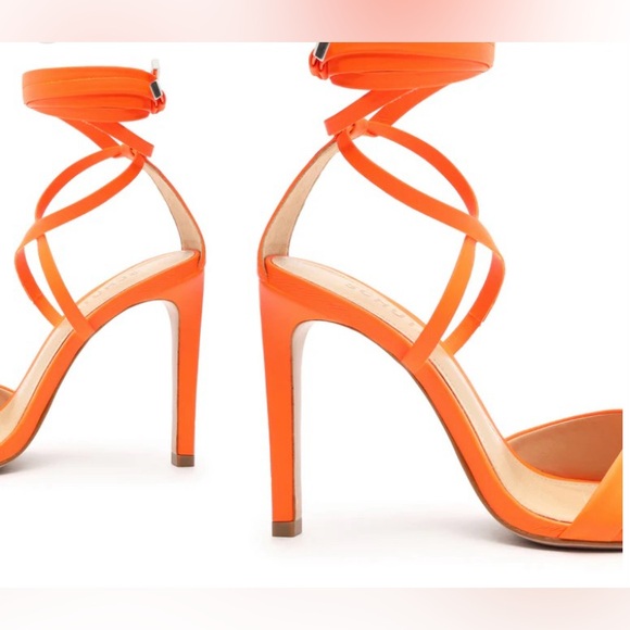 SCHUTZ Bryce Leather Strap Ankle-Wrap Sandal in Acid Orange - Picture 2 of 12